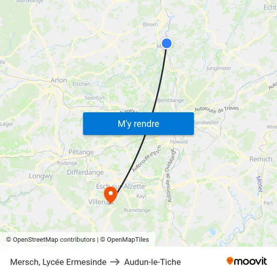 Mersch, Lycée Ermesinde to Audun-le-Tiche map