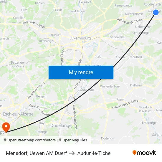 Mensdorf, Uewen AM Duerf to Audun-le-Tiche map
