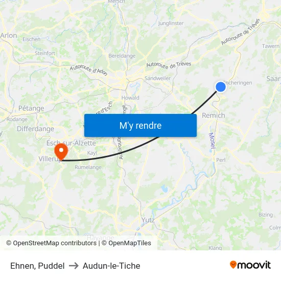 Ehnen, Puddel to Audun-le-Tiche map