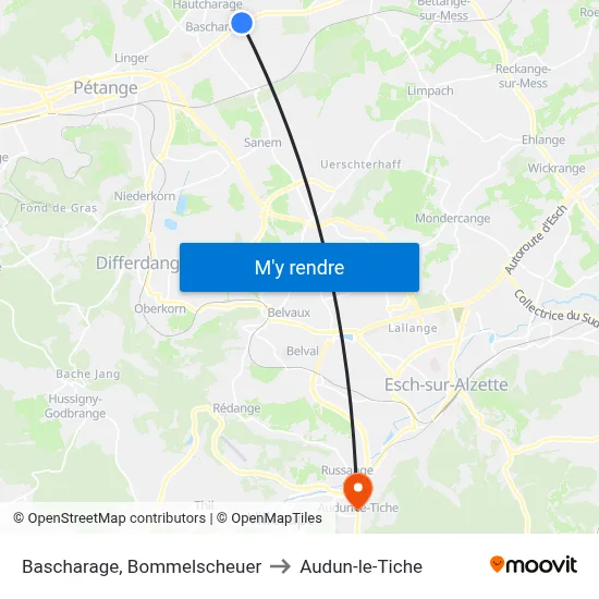 Bascharage, Bommelscheuer to Audun-le-Tiche map