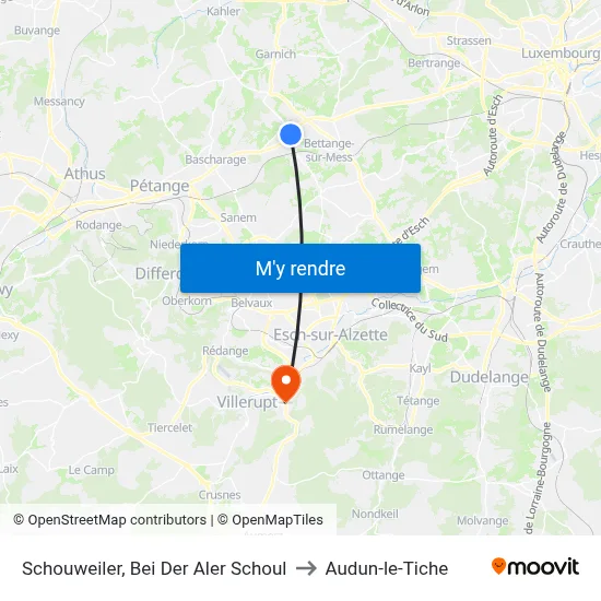 Schouweiler, Bei Der Aler Schoul to Audun-le-Tiche map