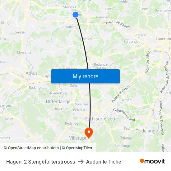 Hagen, 2 Stengëforterstrooss to Audun-le-Tiche map