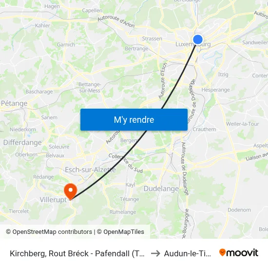 Kirchberg, Rout Bréck - Pafendall (Tram) to Audun-le-Tiche map