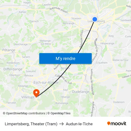 Limpertsberg, Theater (Tram) to Audun-le-Tiche map