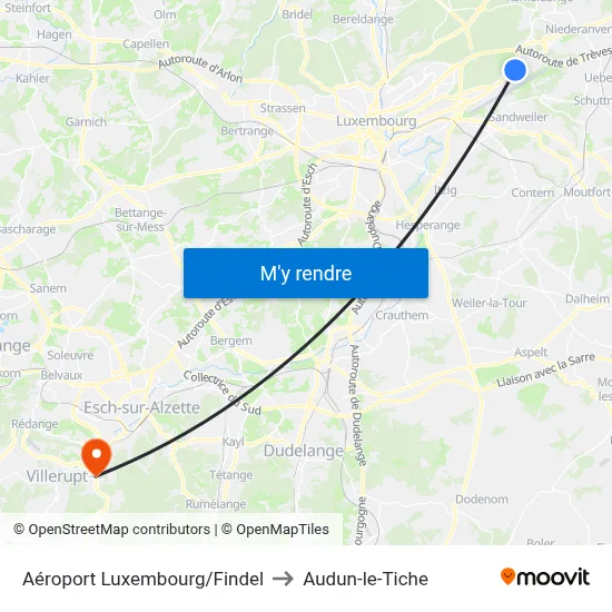 Aéroport Luxembourg/Findel to Audun-le-Tiche map