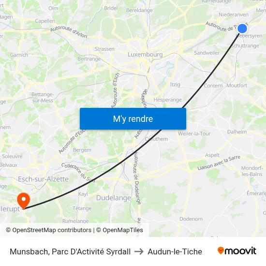 Munsbach, Parc D'Activité Syrdall to Audun-le-Tiche map