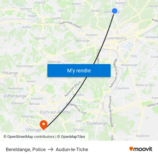 Bereldange, Police to Audun-le-Tiche map