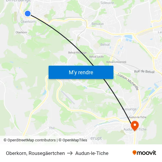 Oberkorn, Rousegäertchen to Audun-le-Tiche map