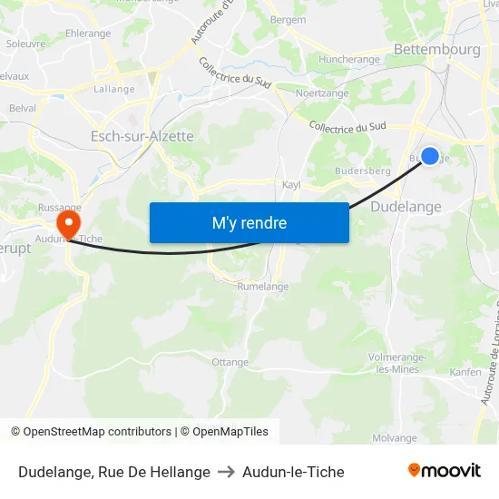 Dudelange, Rue De Hellange to Audun-le-Tiche map