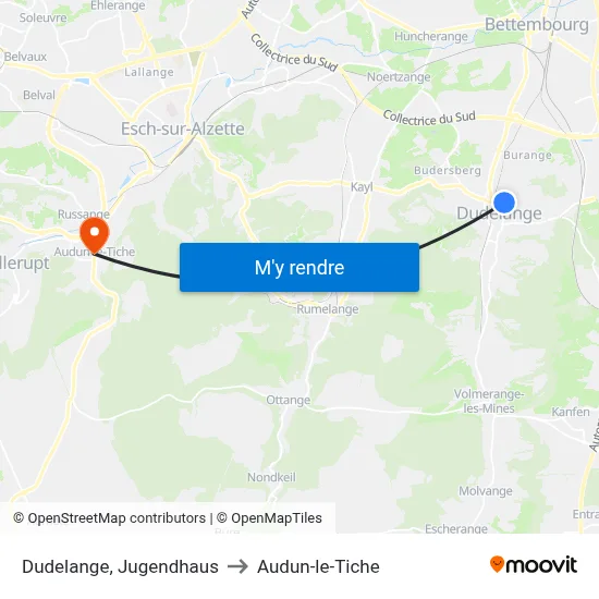 Dudelange, Jugendhaus to Audun-le-Tiche map