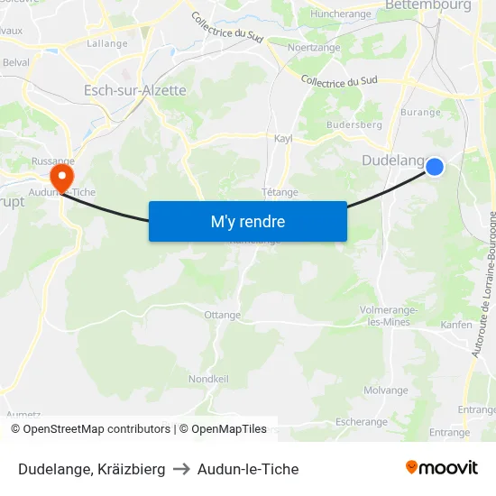 Dudelange, Kräizbierg to Audun-le-Tiche map