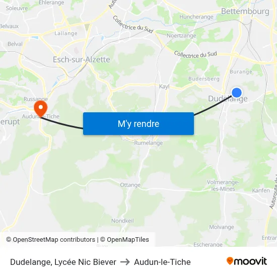 Dudelange, Lycée Nic Biever to Audun-le-Tiche map
