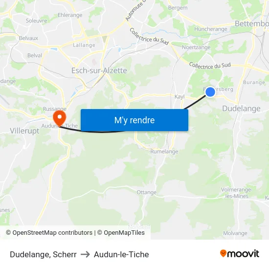 Dudelange, Scherr to Audun-le-Tiche map