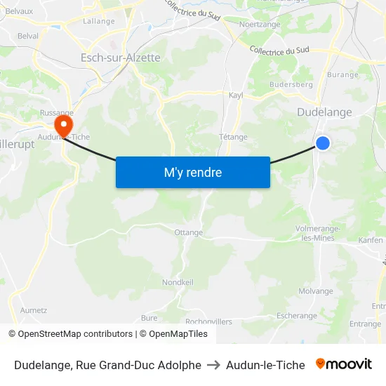 Dudelange, Rue Grand-Duc Adolphe to Audun-le-Tiche map