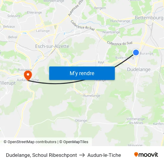 Dudelange, Schoul Ribeschpont to Audun-le-Tiche map