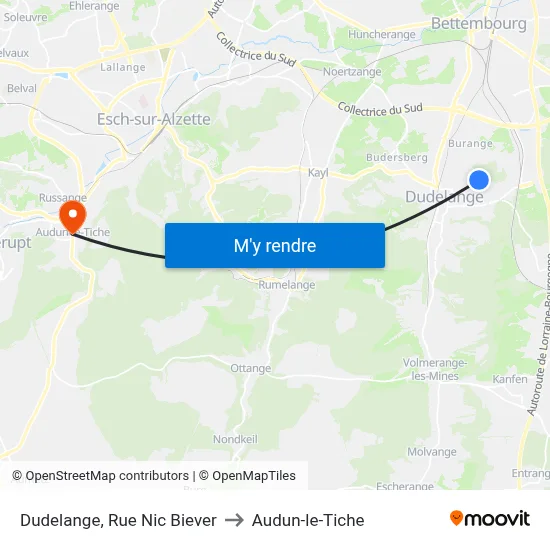 Dudelange, Rue Nic Biever to Audun-le-Tiche map