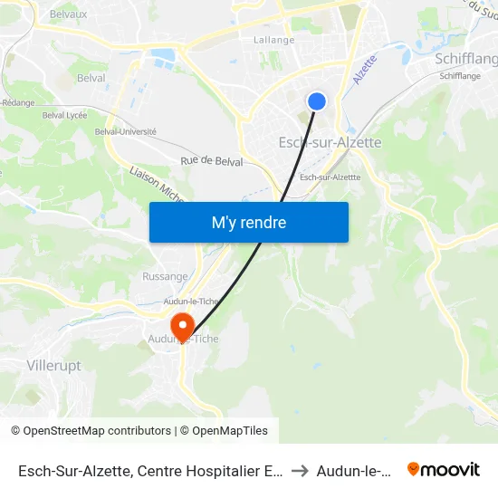 Esch-Sur-Alzette, Centre Hospitalier E. Mayrisch to Audun-le-Tiche map
