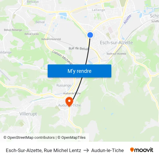 Esch-Sur-Alzette, Rue Michel Lentz to Audun-le-Tiche map