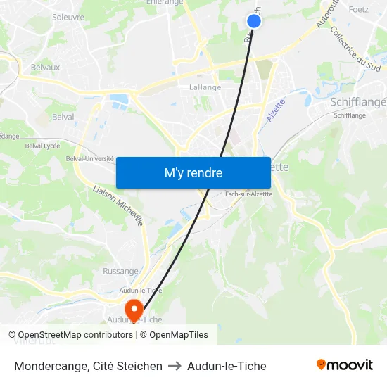 Mondercange, Cité Steichen to Audun-le-Tiche map