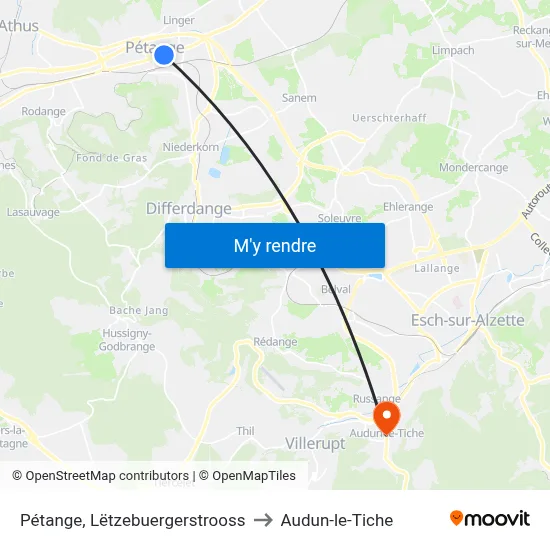 Pétange, Lëtzebuergerstrooss to Audun-le-Tiche map
