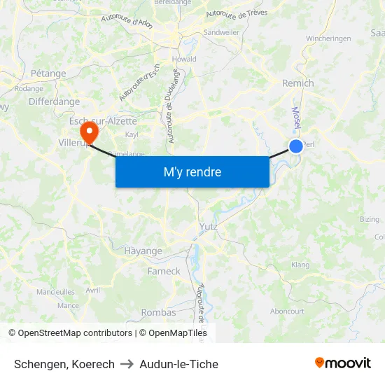 Schengen, Koerech to Audun-le-Tiche map