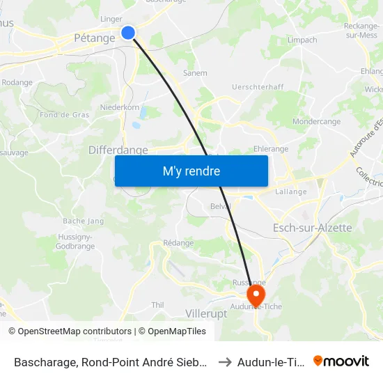 Bascharage, Rond-Point André Siebenbour to Audun-le-Tiche map