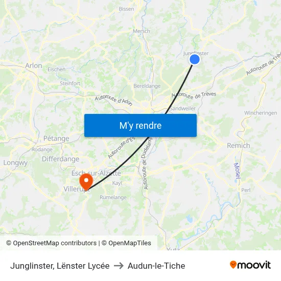 Junglinster, Lënster Lycée to Audun-le-Tiche map