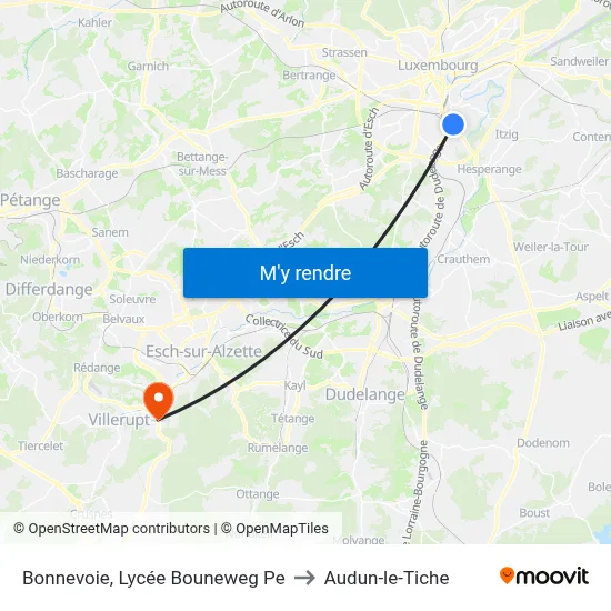 Bonnevoie, Lycée Bouneweg Pe to Audun-le-Tiche map