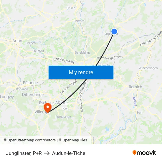 Junglinster, P+R to Audun-le-Tiche map