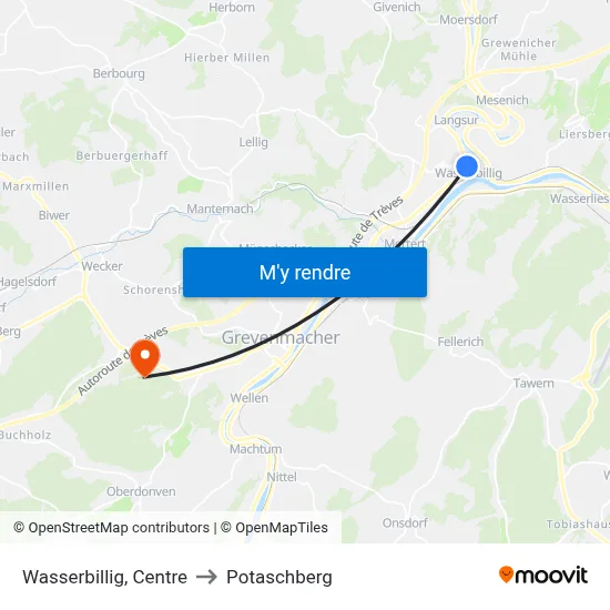 Wasserbillig, Centre to Potaschberg map