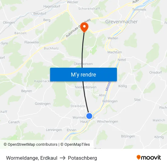 Wormeldange, Erdkaul to Potaschberg map