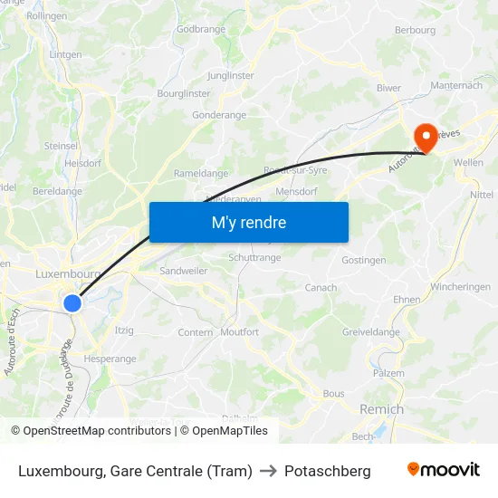 Luxembourg, Gare Centrale (Tram) to Potaschberg map