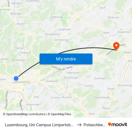 Luxembourg, Uni Campus Limpertsberg to Potaschberg map