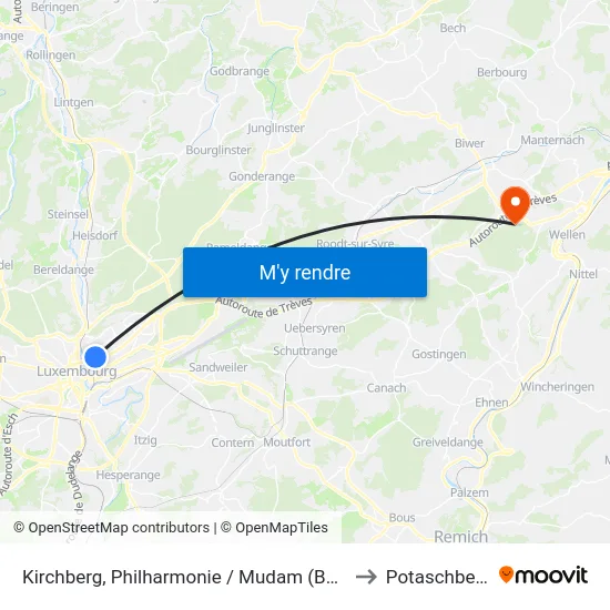 Kirchberg, Philharmonie / Mudam (Bus) to Potaschberg map