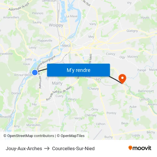 Jouy-Aux-Arches to Courcelles-Sur-Nied map
