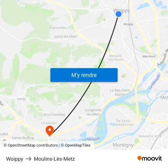 Woippy to Moulins-Lès-Metz map