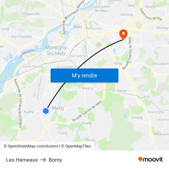 Les Hameaux to Borny map