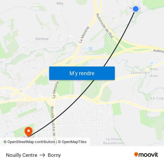 Nouilly Centre to Borny map