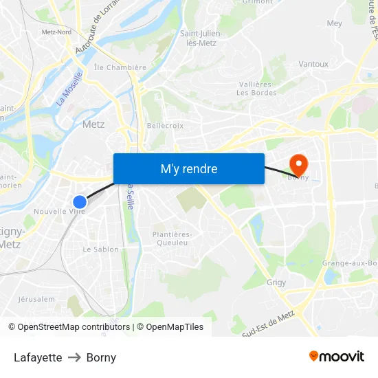 Lafayette to Borny map
