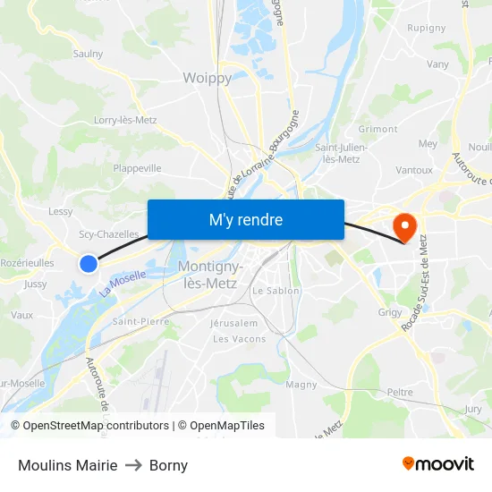 Moulins Mairie to Borny map