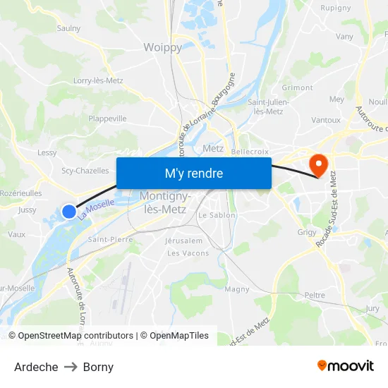 Ardeche to Borny map