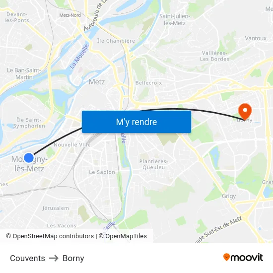 Couvents to Borny map