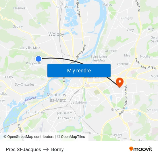Pres St-Jacques to Borny map