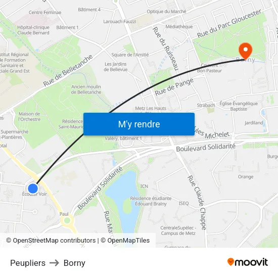 Peupliers to Borny map