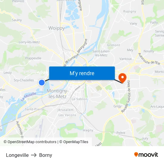 Longeville to Borny map