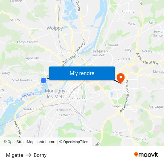 Migette to Borny map