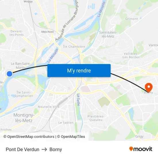 Pont De Verdun to Borny map