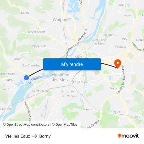 Vieilles Eaux to Borny map