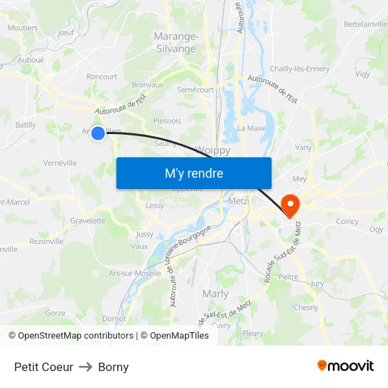 Petit Coeur to Borny map