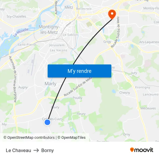 Le Chaveau to Borny map